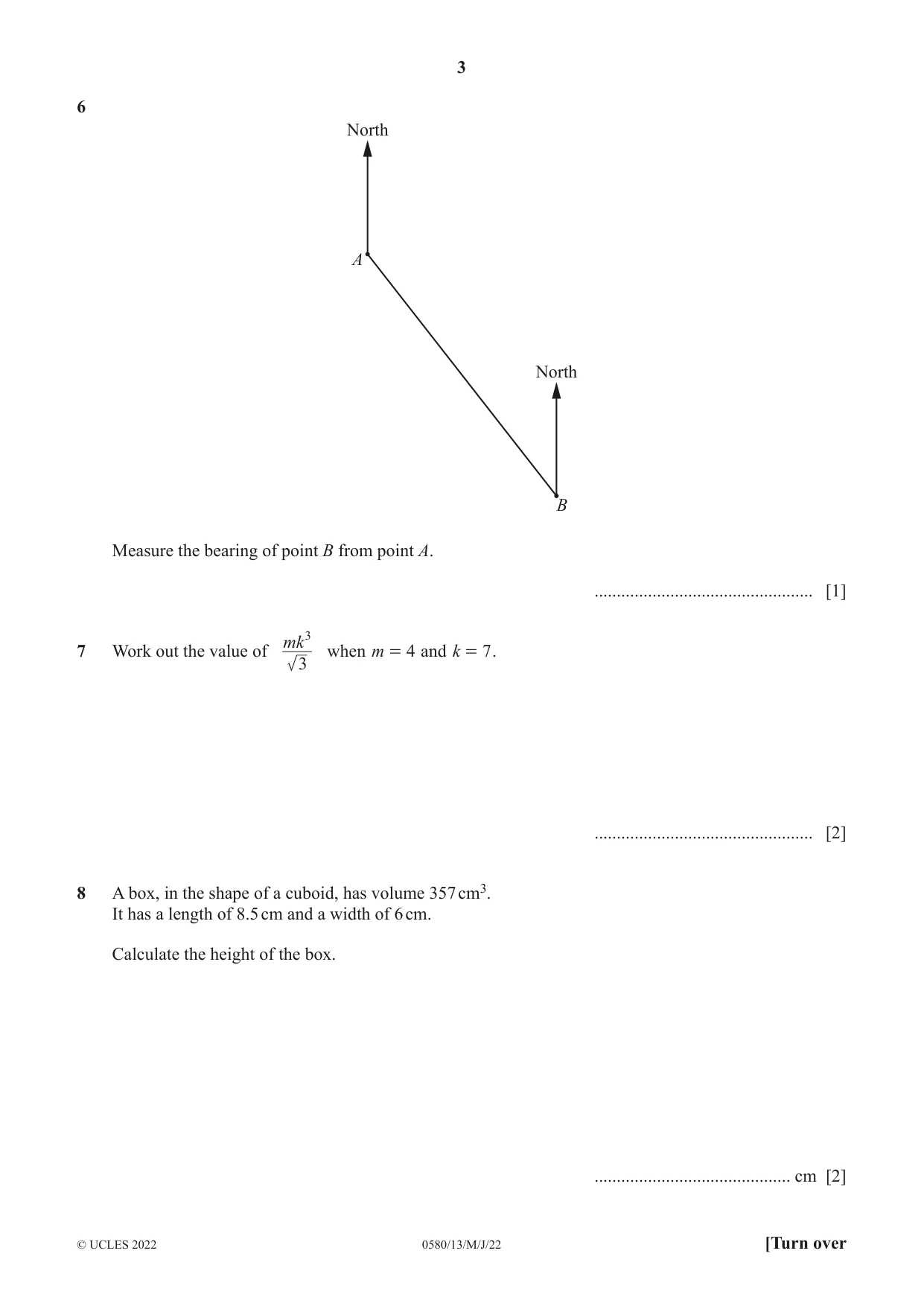 Cambridge IGCSE Mathematics 0580 2022 May/June Paper 1 · Variant 3 question paper, page 3 of 12