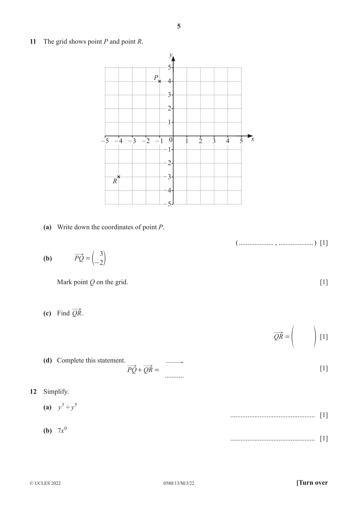 Cambridge IGCSE Mathematics 0580 2022 May/June Paper 1 · Variant 3 question paper, page 5 of 12