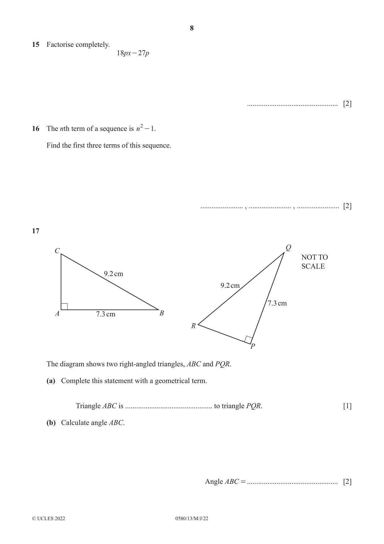Cambridge IGCSE Mathematics 0580 2022 May/June Paper 1 · Variant 3 question paper, page 8 of 12