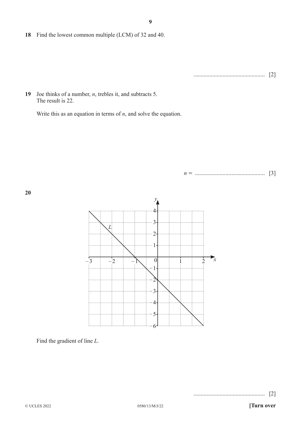 Cambridge IGCSE Mathematics 0580 2022 May/June Paper 1 · Variant 3 question paper, page 9 of 12