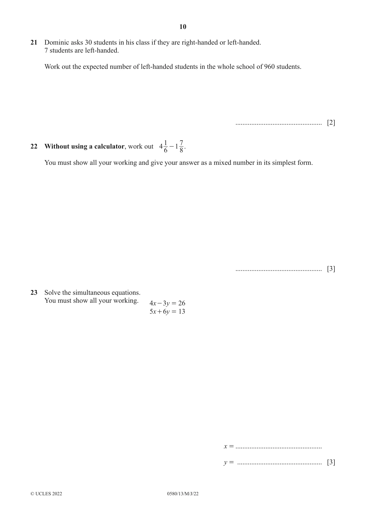 Cambridge IGCSE Mathematics 0580 2022 May/June Paper 1 · Variant 3 question paper, page 10 of 12