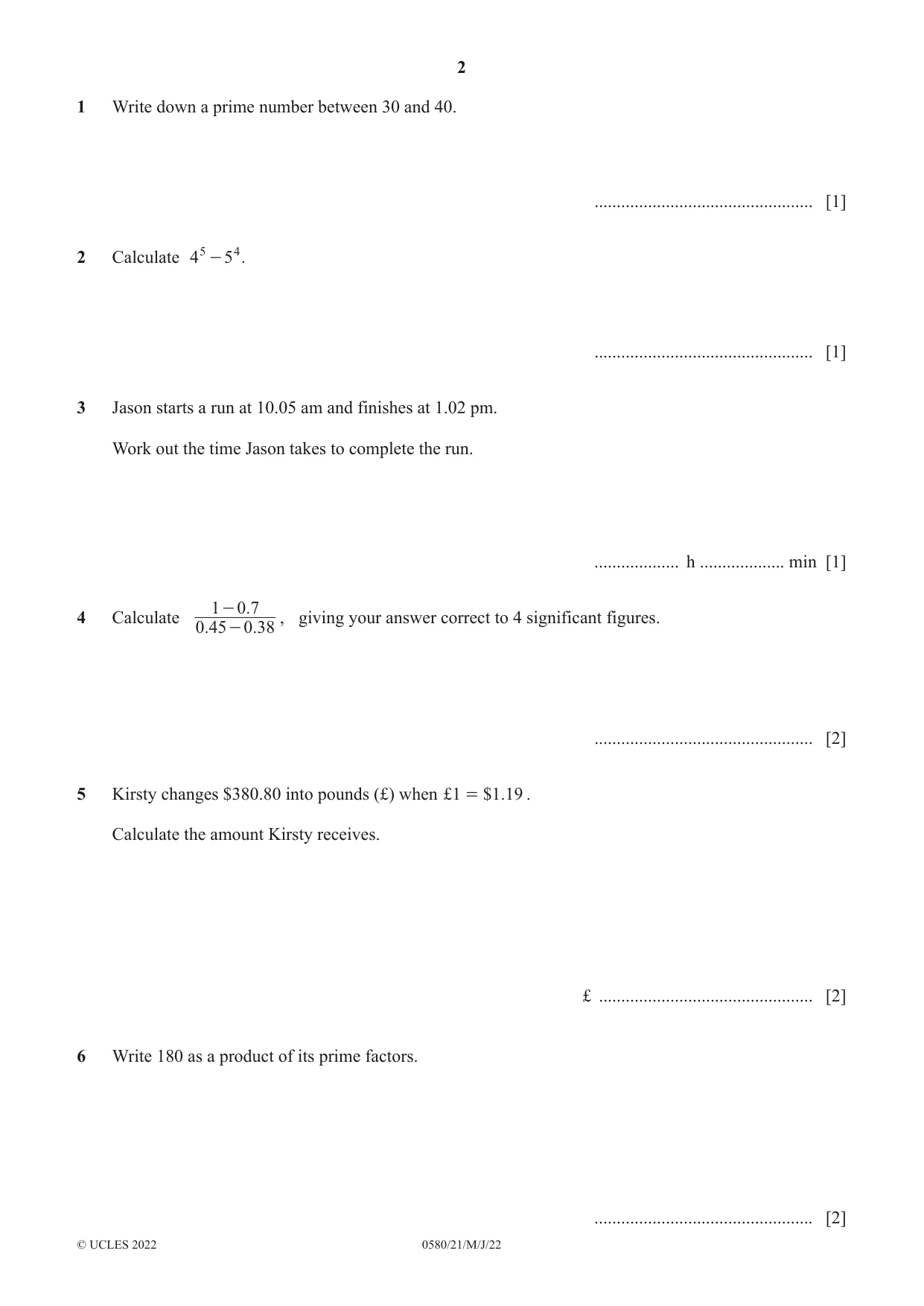 Cambridge IGCSE Mathematics 0580 2022 May/June Paper 2 · Variant 1 question paper, page 2 of 12