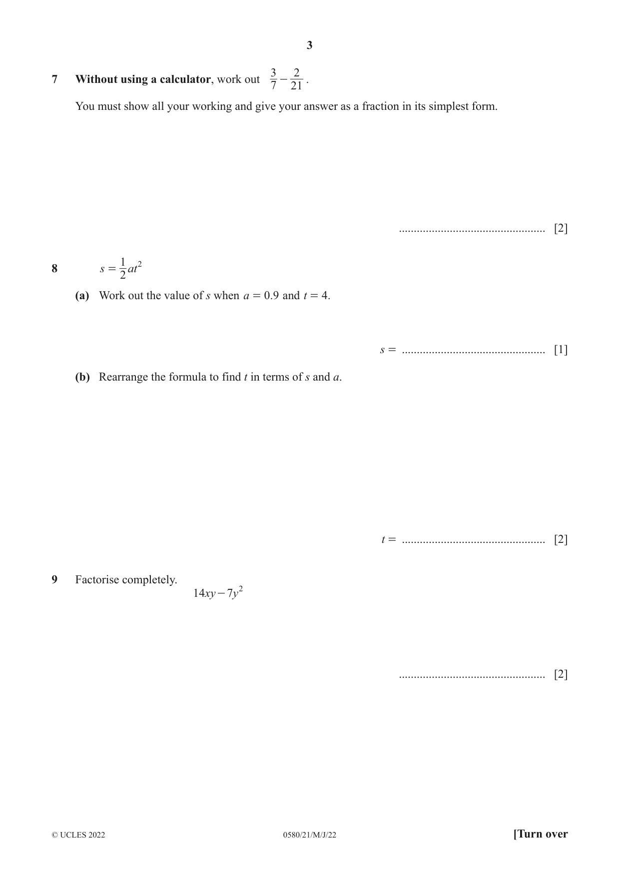 Cambridge IGCSE Mathematics 0580 2022 May/June Paper 2 · Variant 1 question paper, page 3 of 12