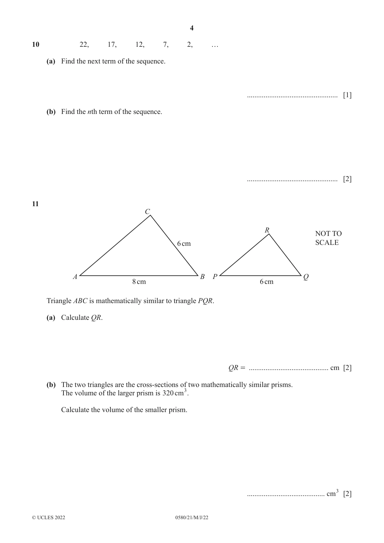 Cambridge IGCSE Mathematics 0580 2022 May/June Paper 2 · Variant 1 question paper, page 4 of 12