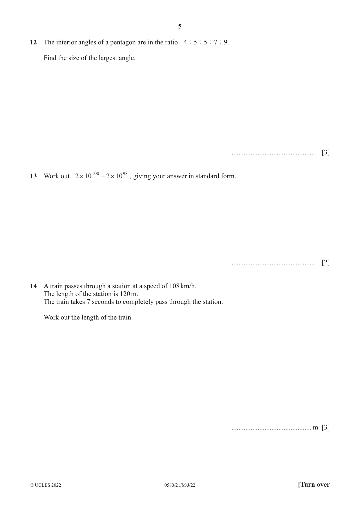 Cambridge IGCSE Mathematics 0580 2022 May/June Paper 2 · Variant 1 question paper, page 5 of 12