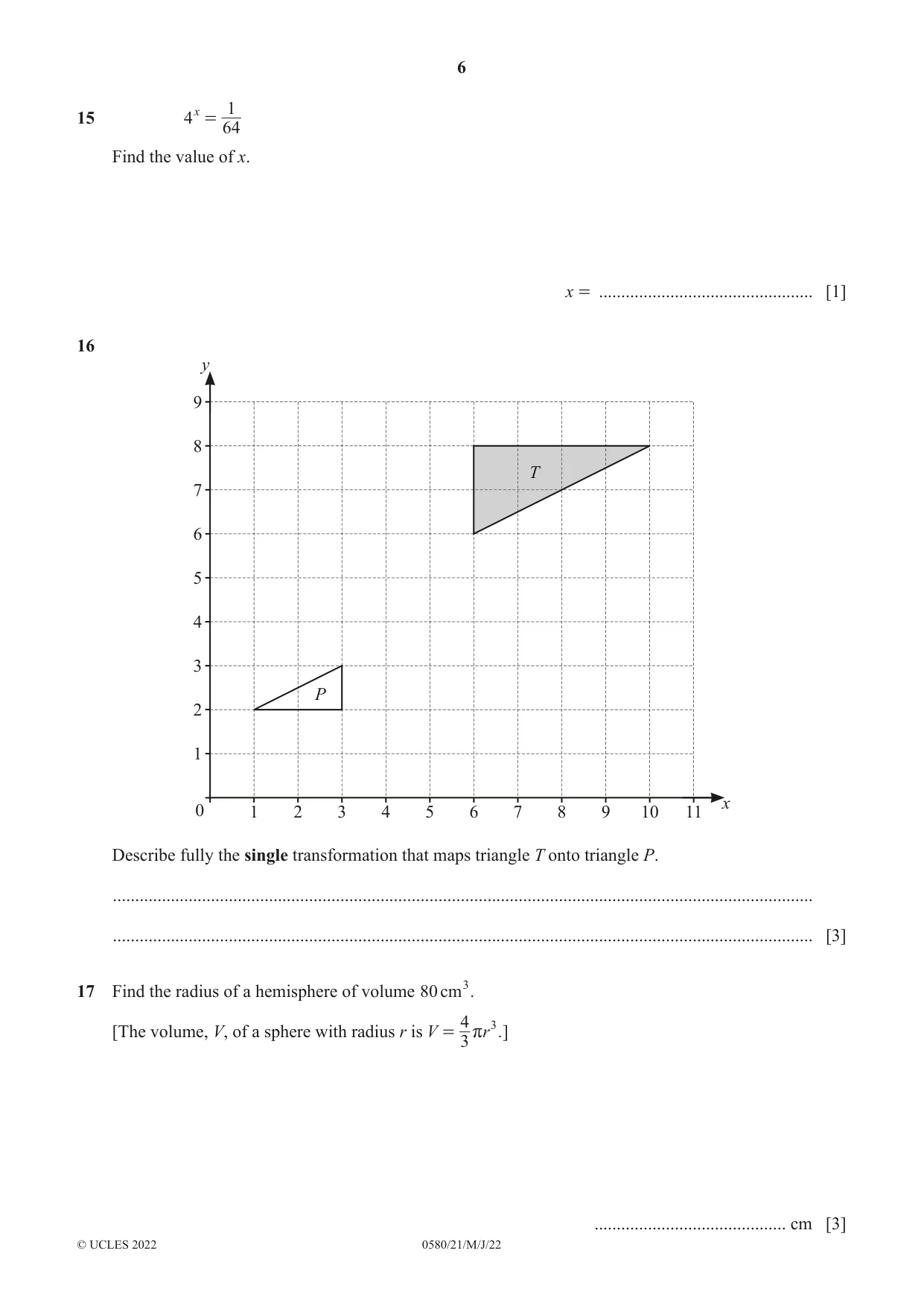 Cambridge IGCSE Mathematics 0580 2022 May/June Paper 2 · Variant 1 question paper, page 6 of 12