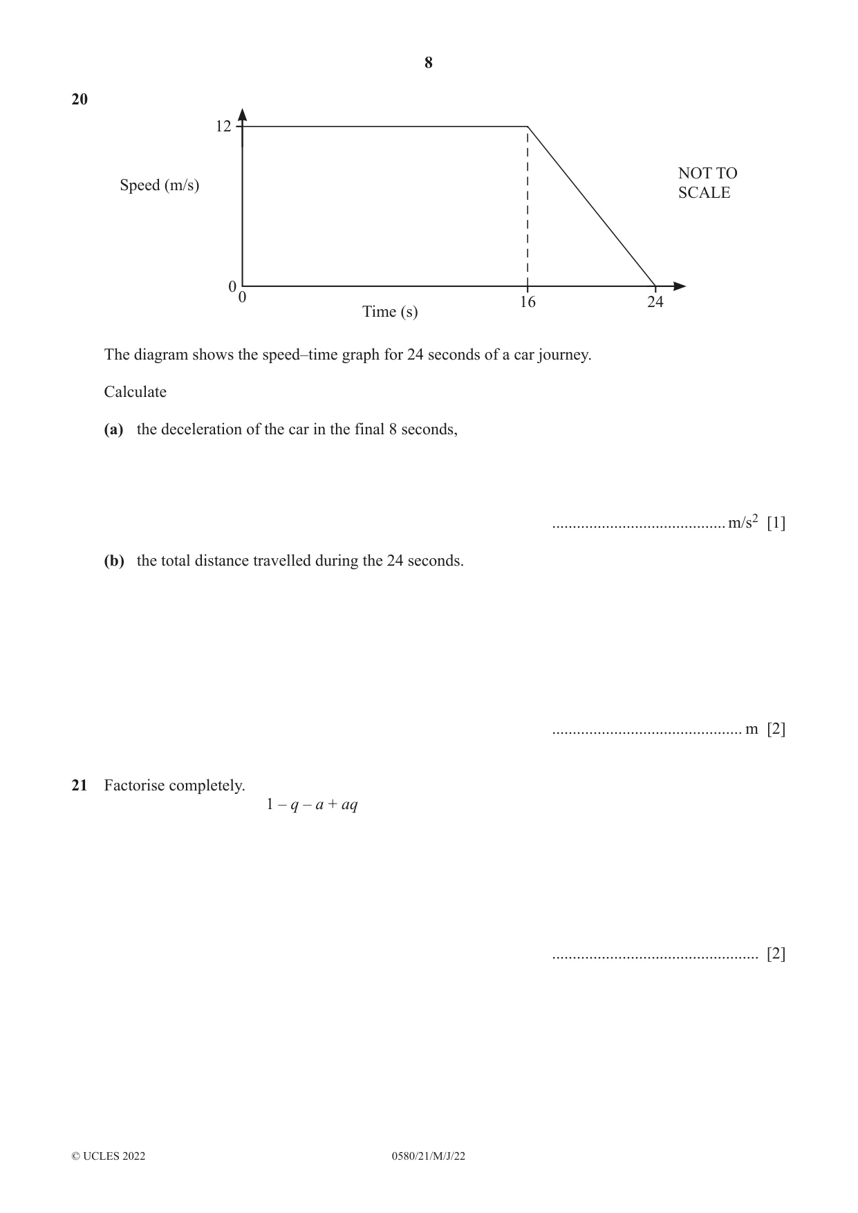 Cambridge IGCSE Mathematics 0580 2022 May/June Paper 2 · Variant 1 question paper, page 8 of 12