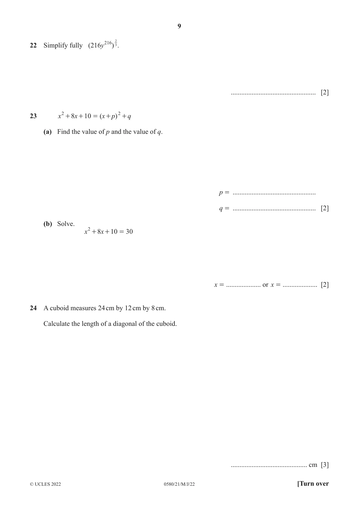 Cambridge IGCSE Mathematics 0580 2022 May/June Paper 2 · Variant 1 question paper, page 9 of 12