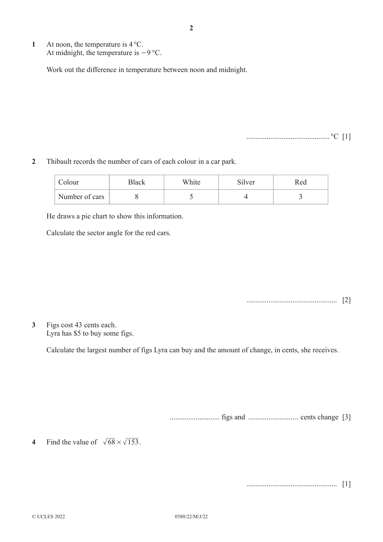 Cambridge IGCSE Mathematics 0580 2022 May/June Paper 2 · Variant 2 question paper, page 2 of 12