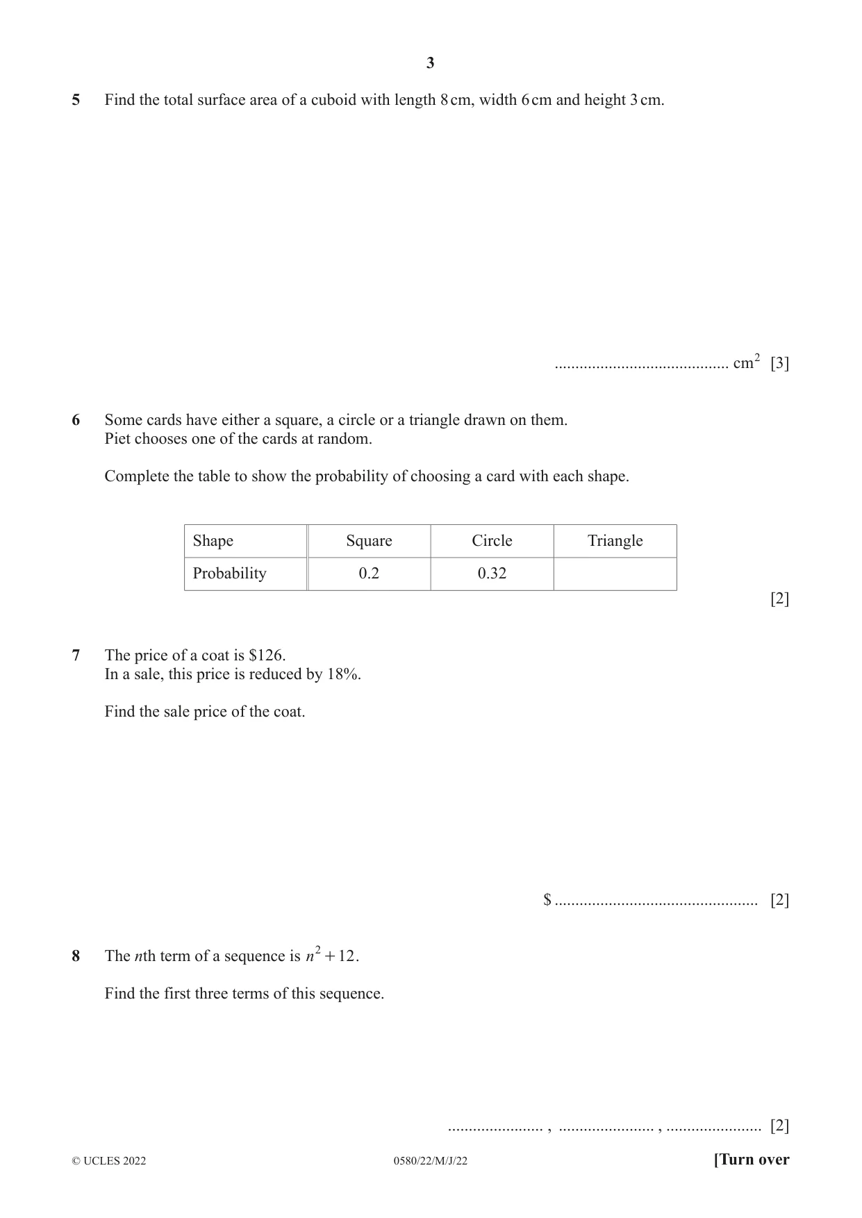 Cambridge IGCSE Mathematics 0580 2022 May/June Paper 2 · Variant 2 question paper, page 3 of 12