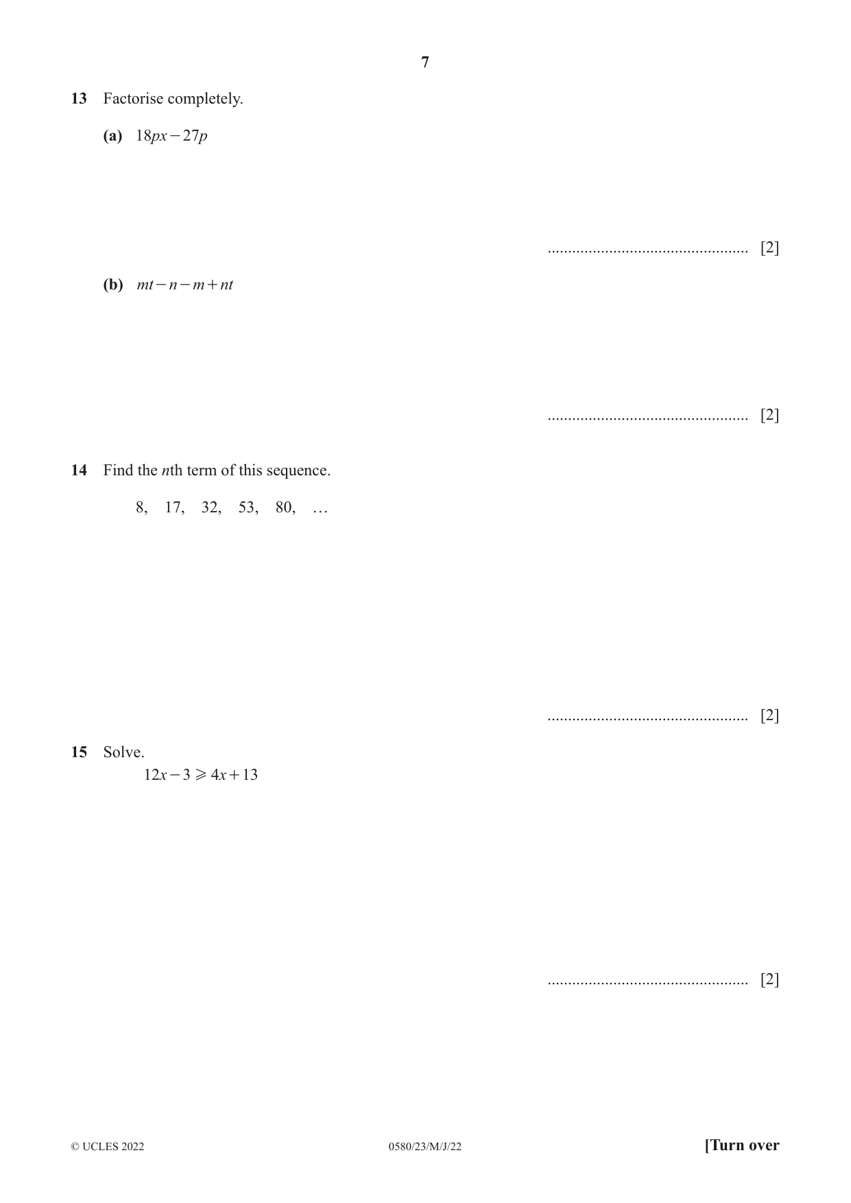 Cambridge IGCSE Mathematics 0580 2022 May/June Paper 2 · Variant 3 question paper, page 7 of 16