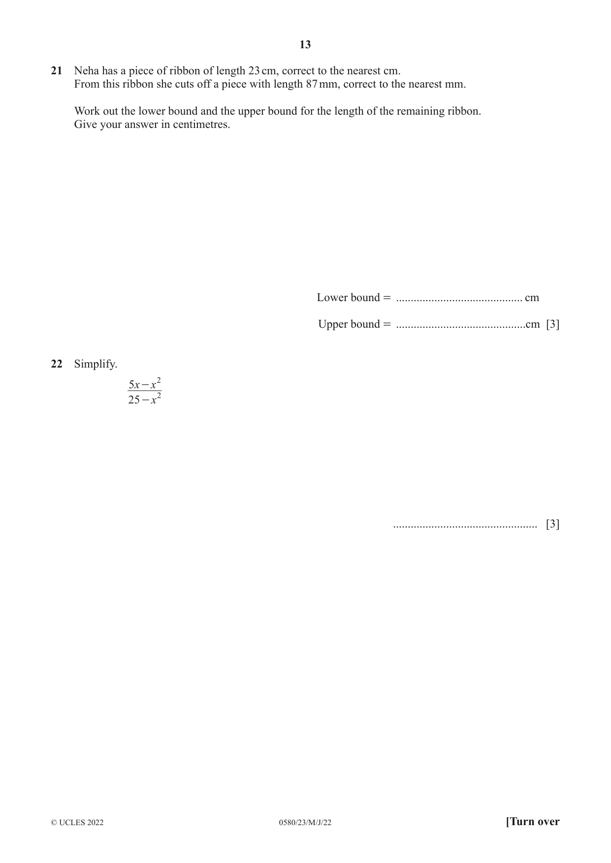 Cambridge IGCSE Mathematics 0580 2022 May/June Paper 2 · Variant 3 question paper, page 13 of 16