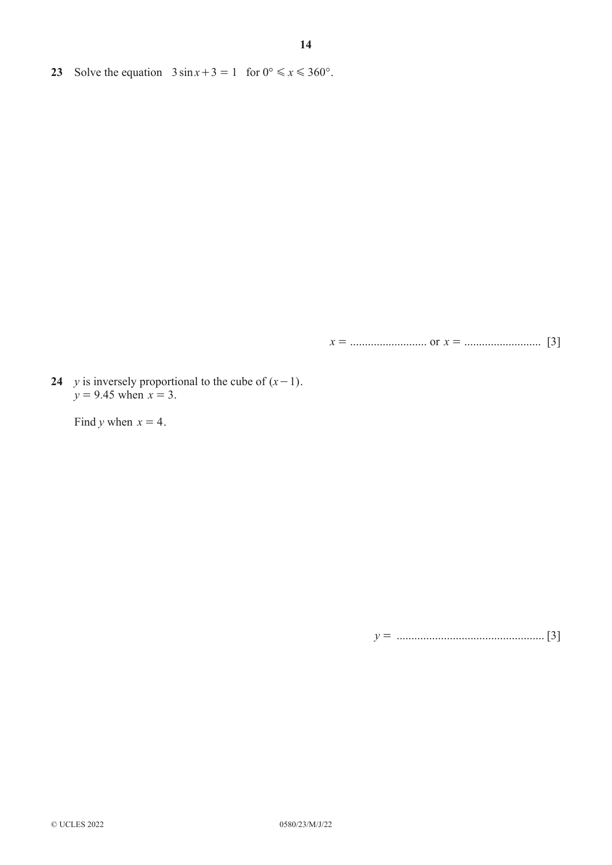 Cambridge IGCSE Mathematics 0580 2022 May/June Paper 2 · Variant 3 question paper, page 14 of 16