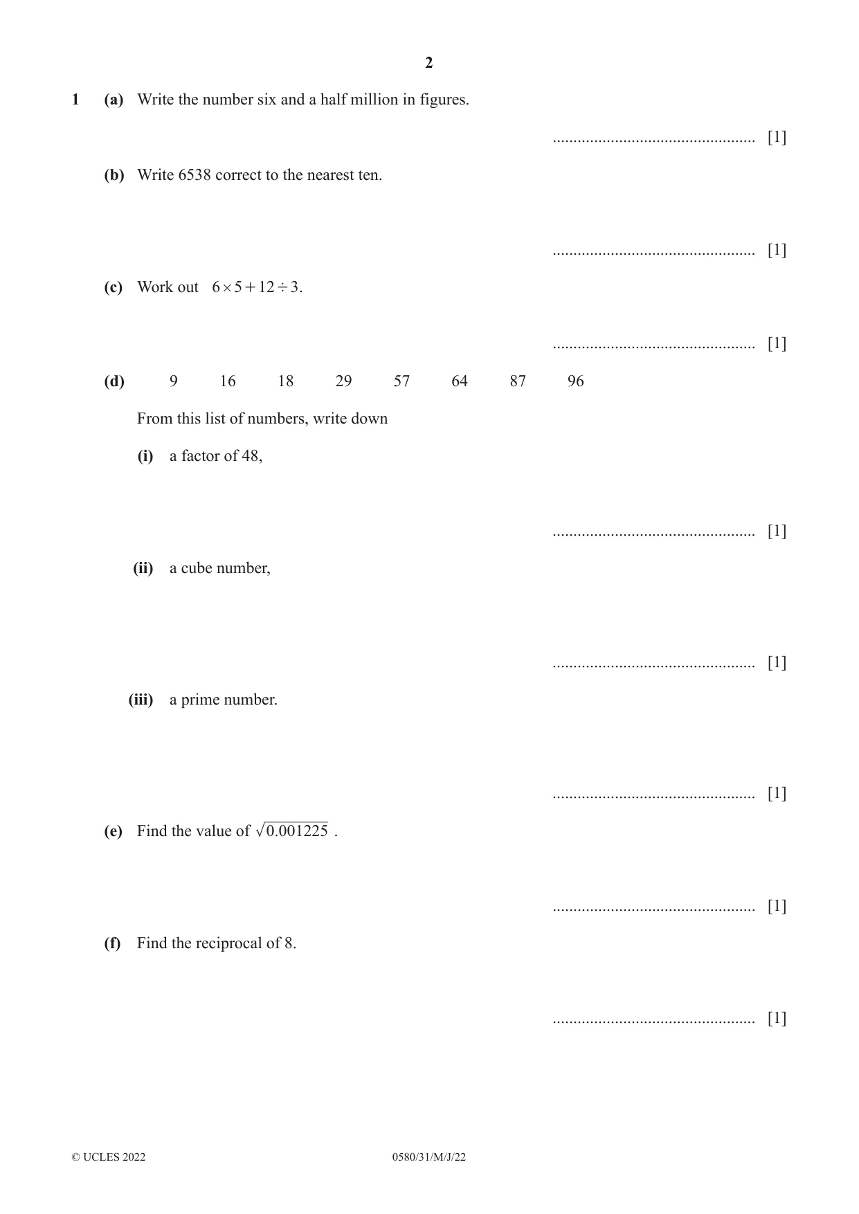 Cambridge IGCSE Mathematics 0580 2022 May/June Paper 3 · Variant 1 question paper, page 2 of 20