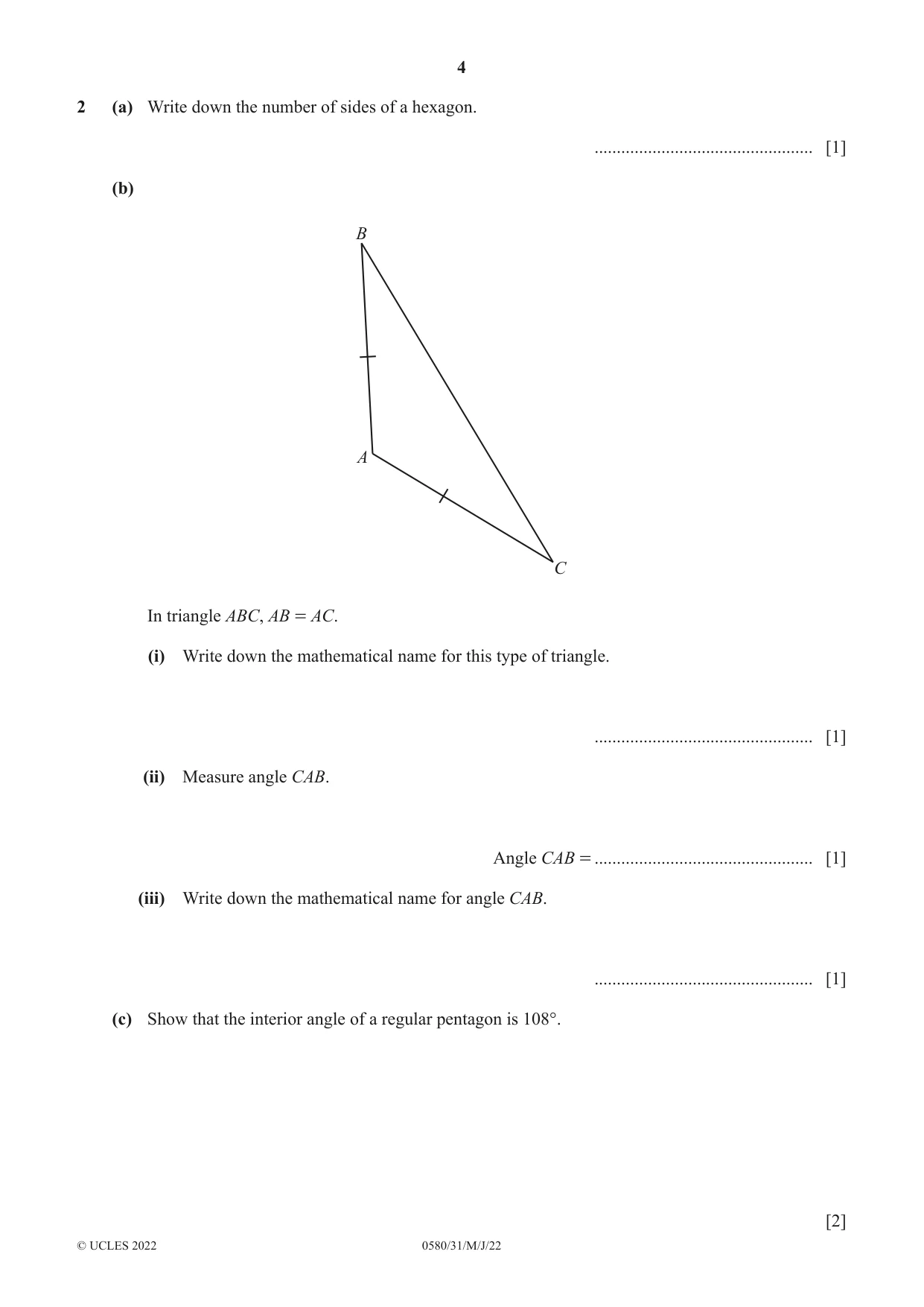 Cambridge IGCSE Mathematics 0580 2022 May/June Paper 3 · Variant 1 question paper, page 4 of 20