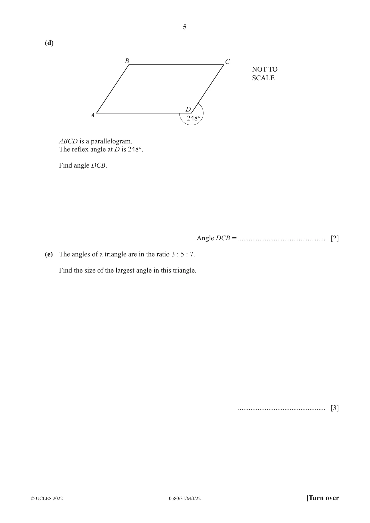 Cambridge IGCSE Mathematics 0580 2022 May/June Paper 3 · Variant 1 question paper, page 5 of 20