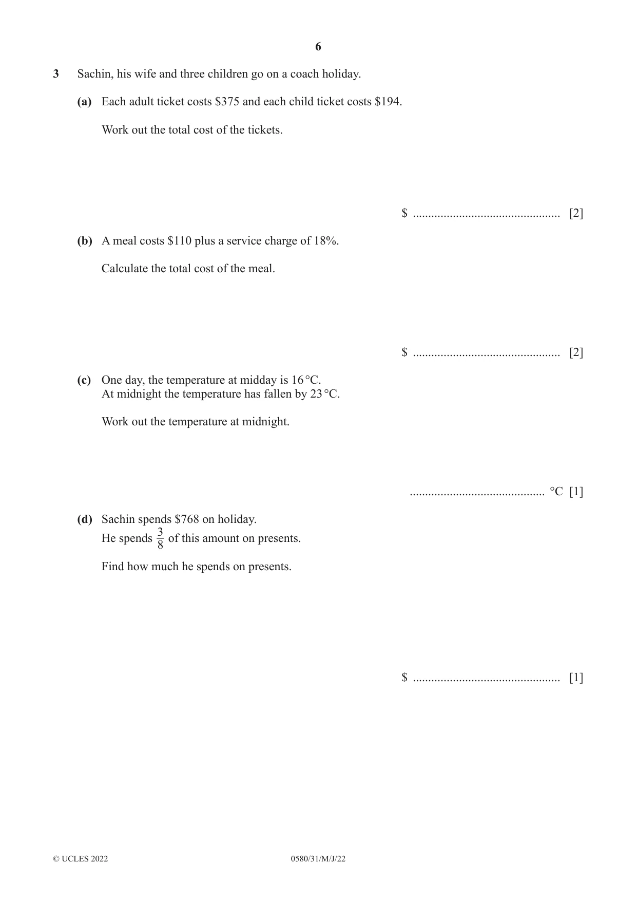 Cambridge IGCSE Mathematics 0580 2022 May/June Paper 3 · Variant 1 question paper, page 6 of 20