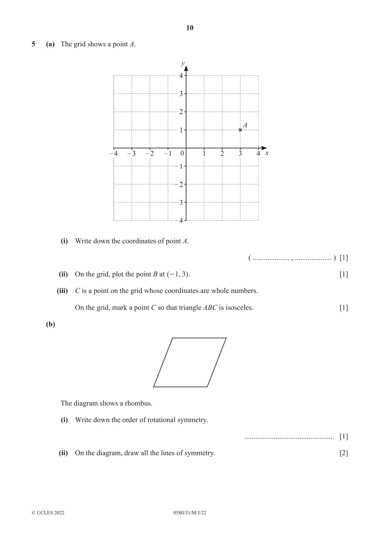 Cambridge IGCSE Mathematics 0580 2022 May/June Paper 3 · Variant 1 question paper, page 10 of 20