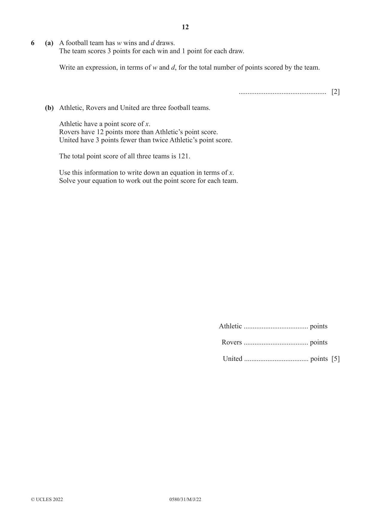 Cambridge IGCSE Mathematics 0580 2022 May/June Paper 3 · Variant 1 question paper, page 12 of 20