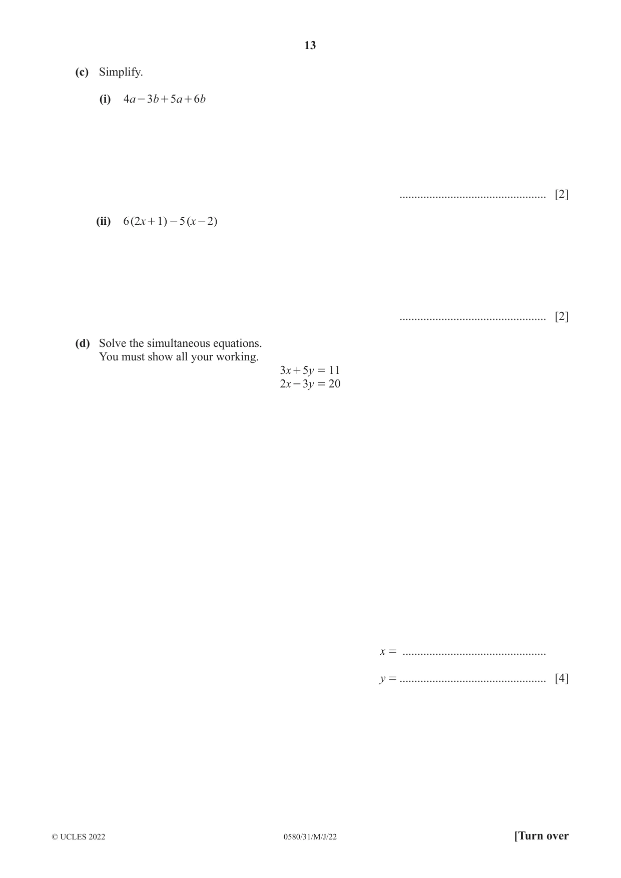 Cambridge IGCSE Mathematics 0580 2022 May/June Paper 3 · Variant 1 question paper, page 13 of 20