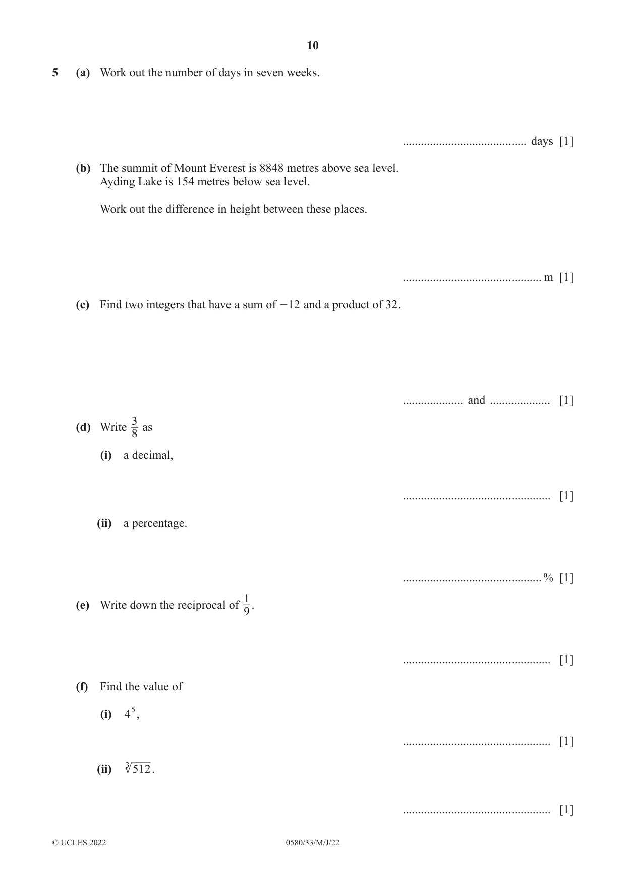 Cambridge IGCSE Mathematics 0580 2022 May/June Paper 3 · Variant 3 question paper, page 10 of 20