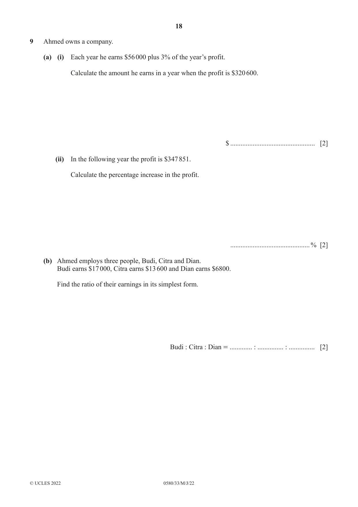 Cambridge IGCSE Mathematics 0580 2022 May/June Paper 3 · Variant 3 question paper, page 18 of 20