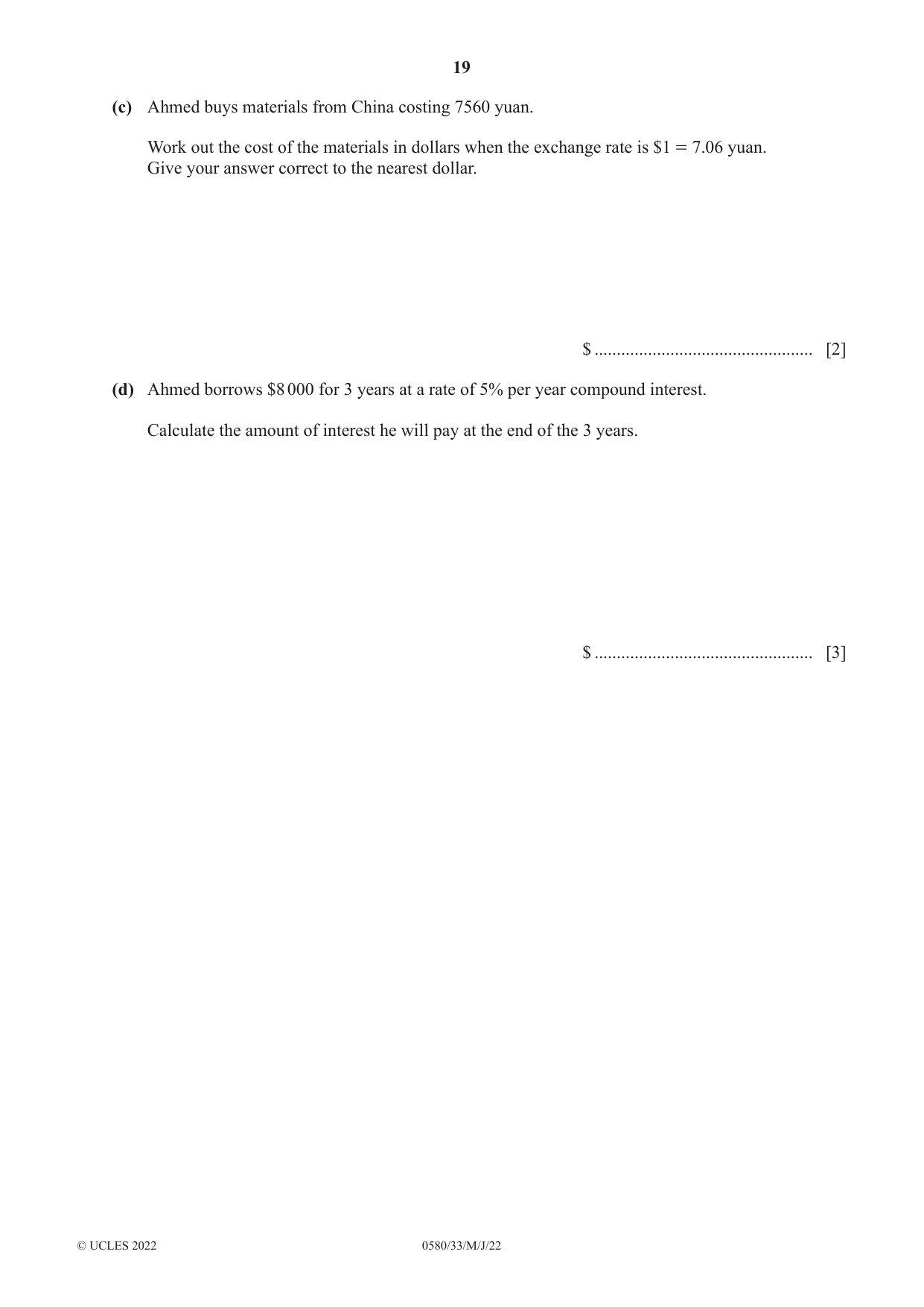Cambridge IGCSE Mathematics 0580 2022 May/June Paper 3 · Variant 3 question paper, page 19 of 20