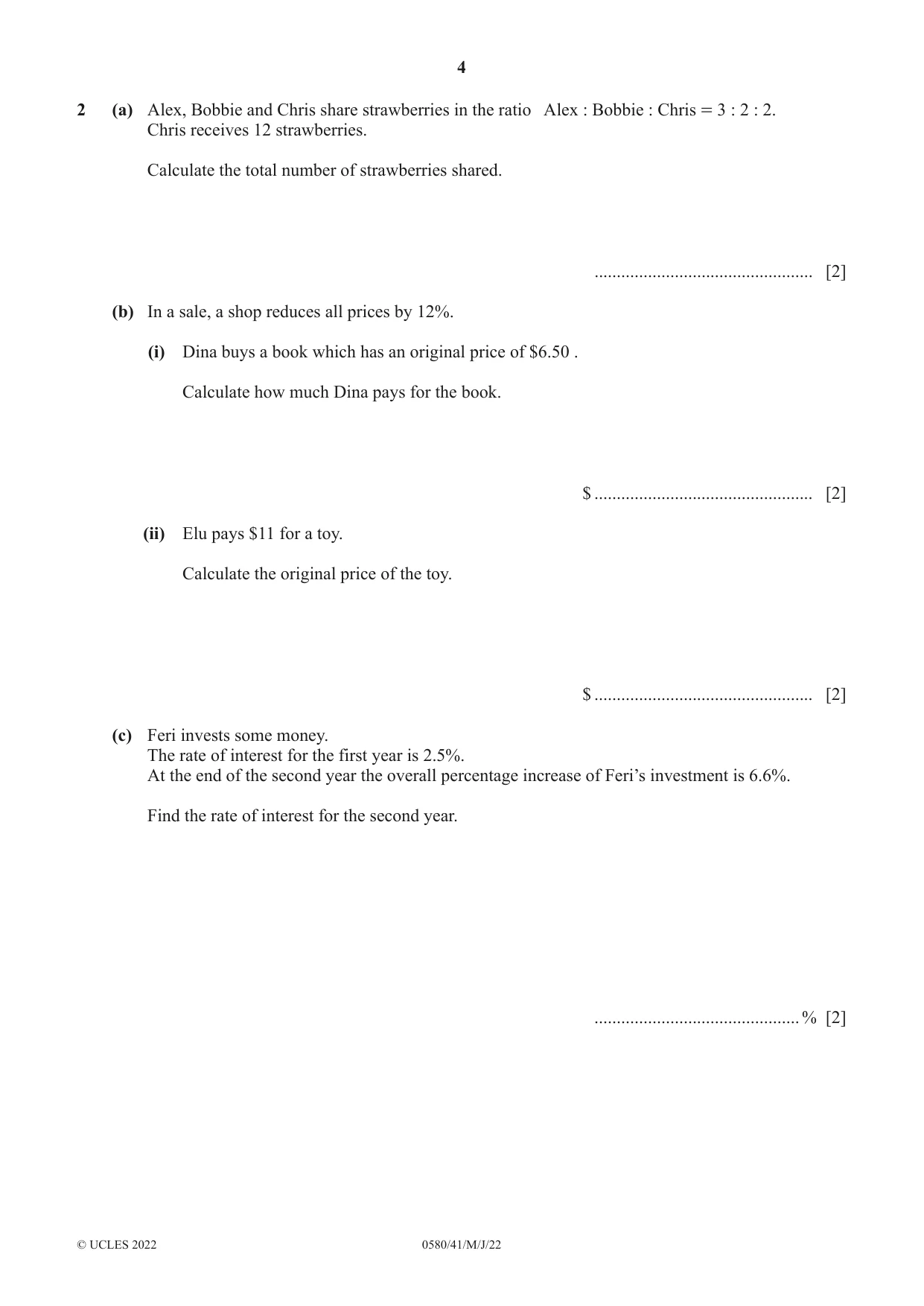 Cambridge IGCSE Mathematics 0580 2022 May/June Paper 4 · Variant 1 question paper, page 4 of 20