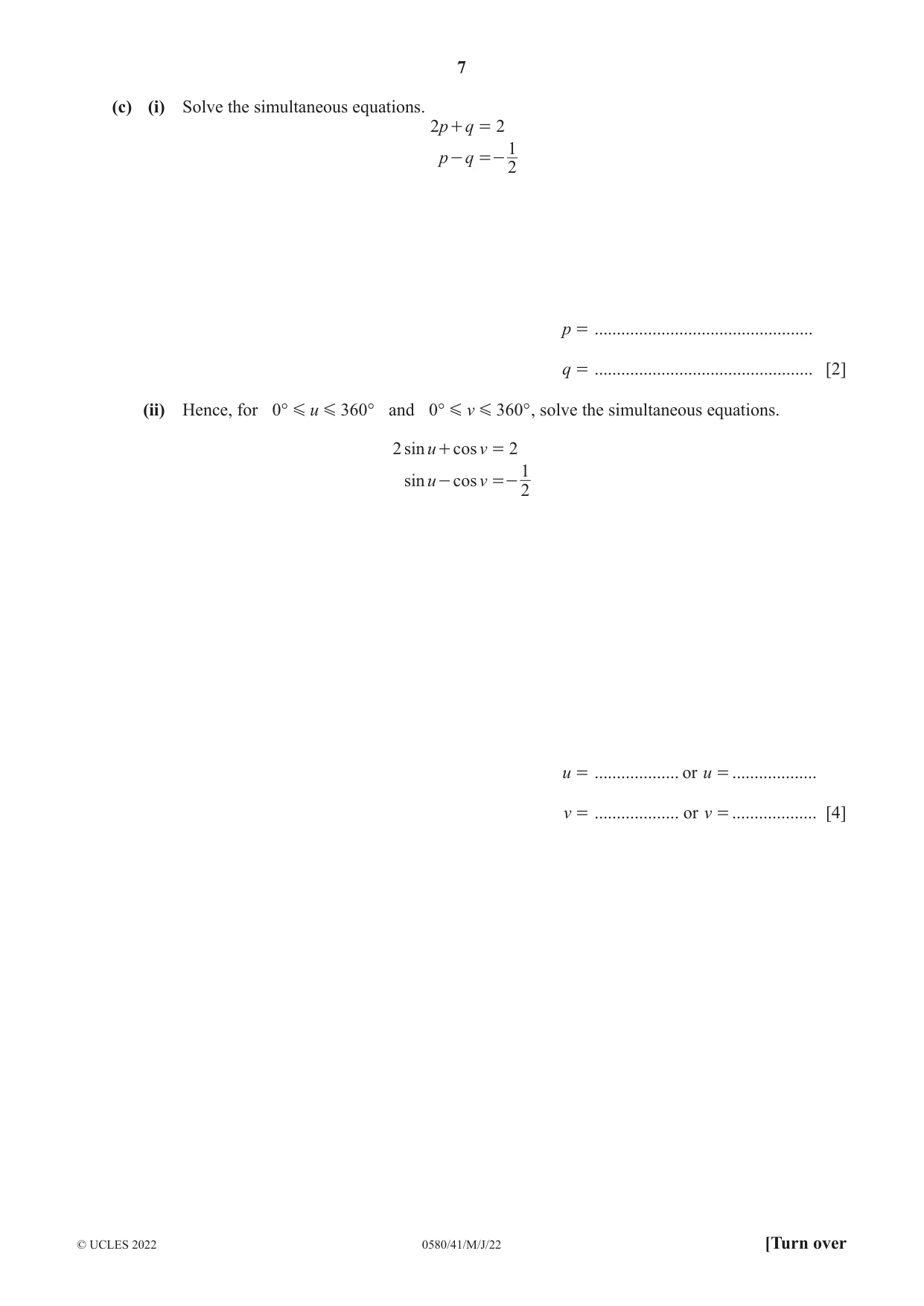 Cambridge IGCSE Mathematics 0580 2022 May/June Paper 4 · Variant 1 question paper, page 7 of 20