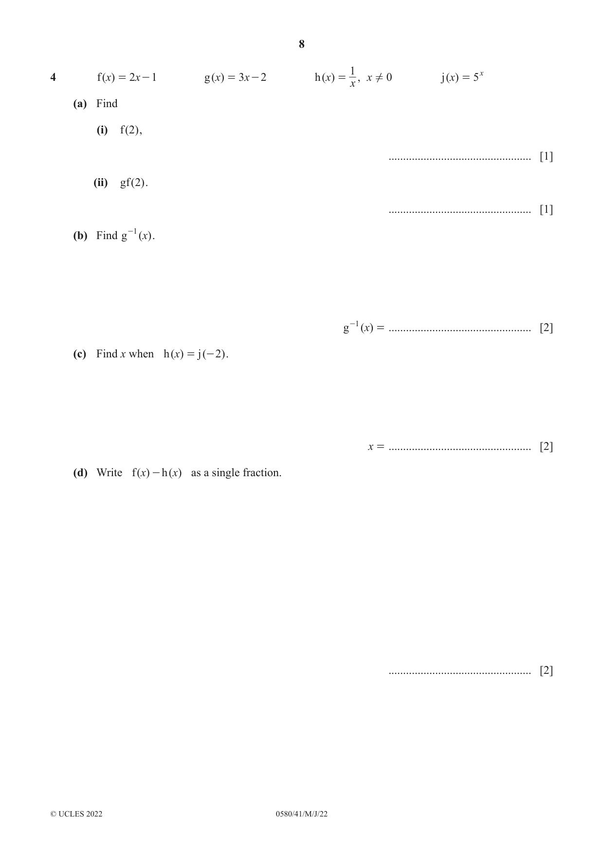 Cambridge IGCSE Mathematics 0580 2022 May/June Paper 4 · Variant 1 question paper, page 8 of 20