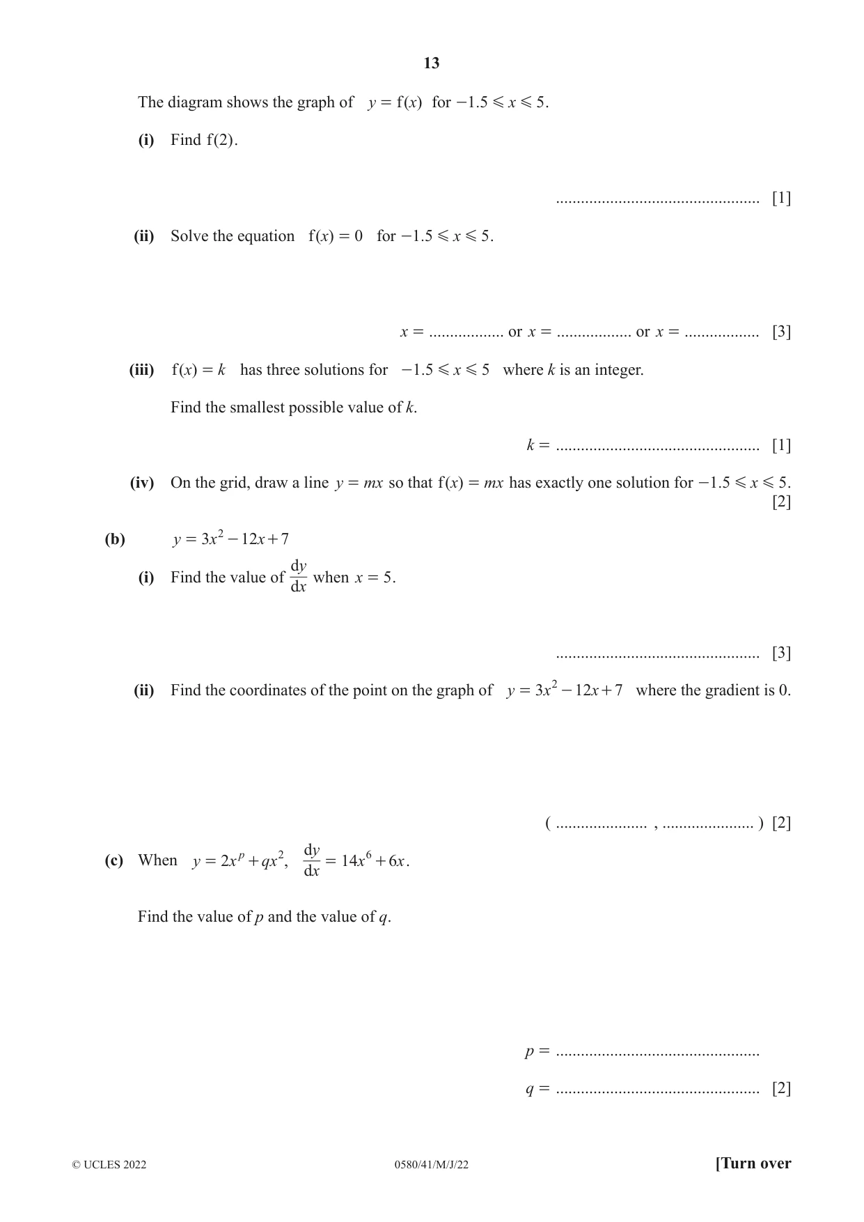 Cambridge IGCSE Mathematics 0580 2022 May/June Paper 4 · Variant 1 question paper, page 13 of 20