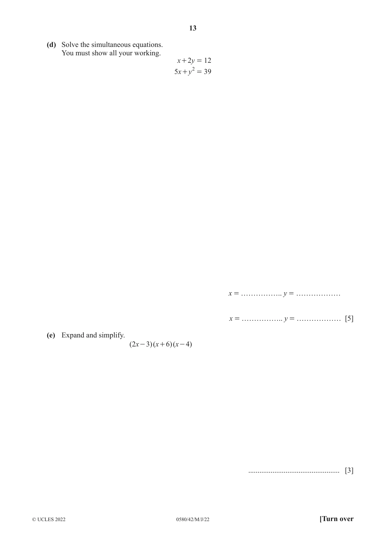Cambridge IGCSE Mathematics 0580 2022 May/June Paper 4 · Variant 2 question paper, page 13 of 20
