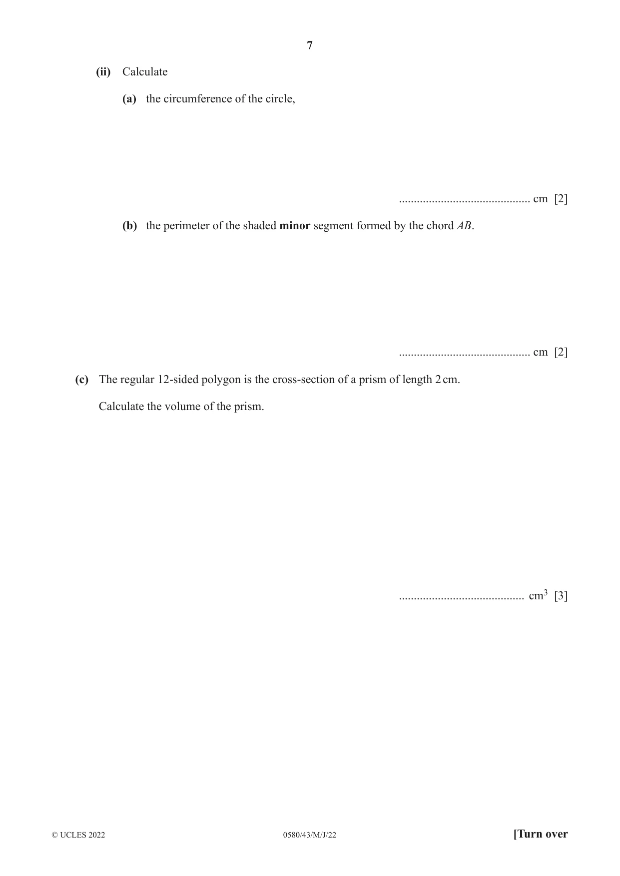 Cambridge IGCSE Mathematics 0580 2022 May/June Paper 4 · Variant 3 question paper, page 7 of 20
