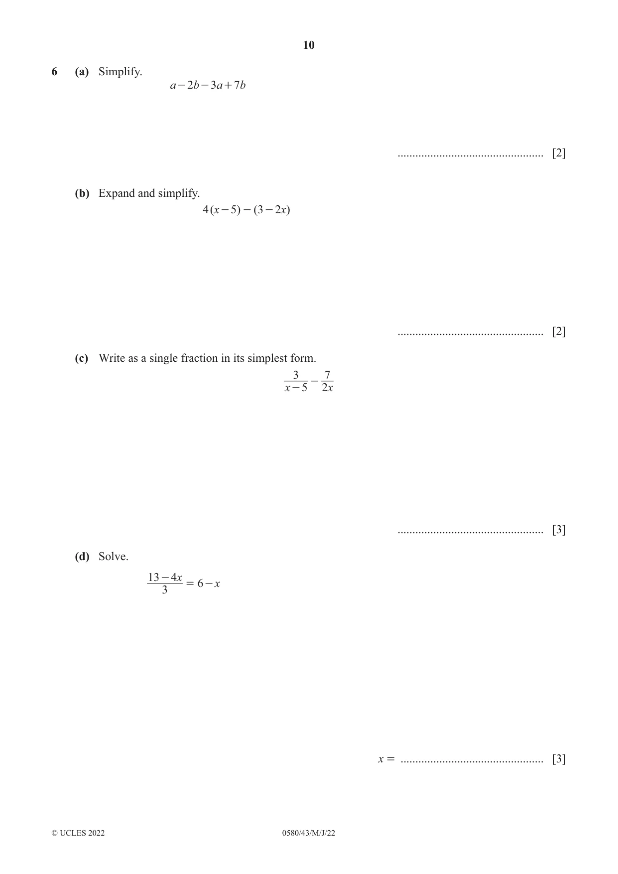 Cambridge IGCSE Mathematics 0580 2022 May/June Paper 4 · Variant 3 question paper, page 10 of 20