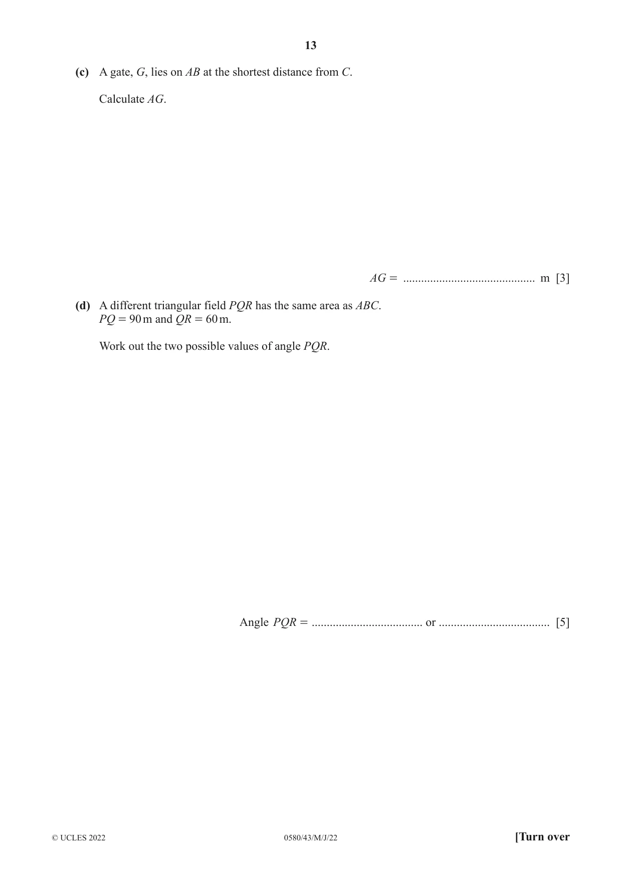 Cambridge IGCSE Mathematics 0580 2022 May/June Paper 4 · Variant 3 question paper, page 13 of 20
