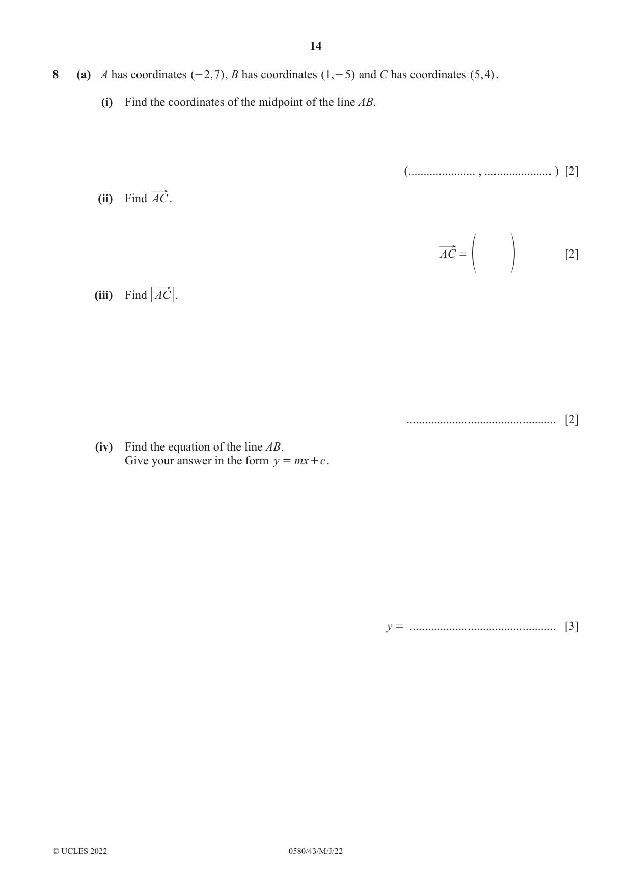 Cambridge IGCSE Mathematics 0580 2022 May/June Paper 4 · Variant 3 question paper, page 14 of 20