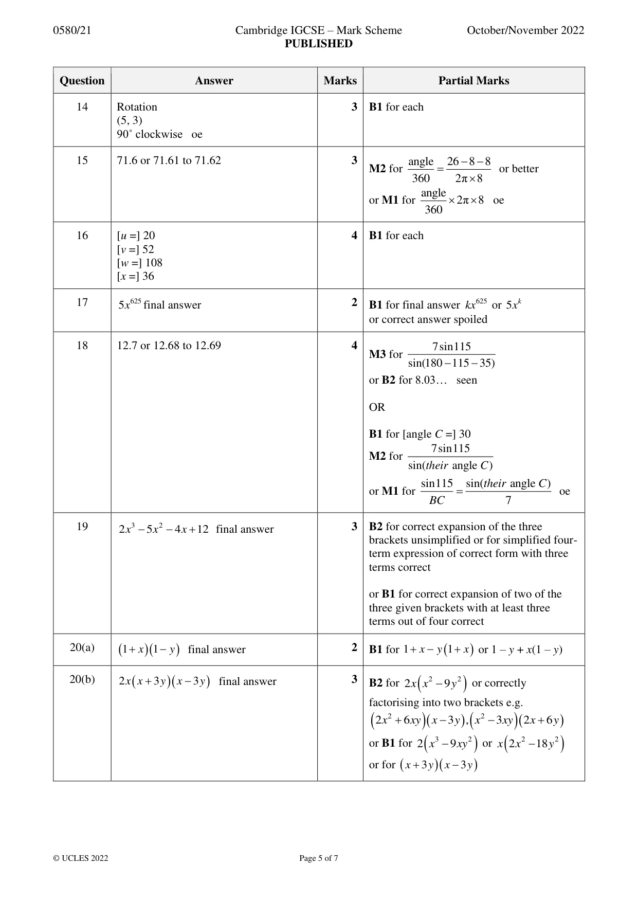 Mark scheme, page 5 of 7