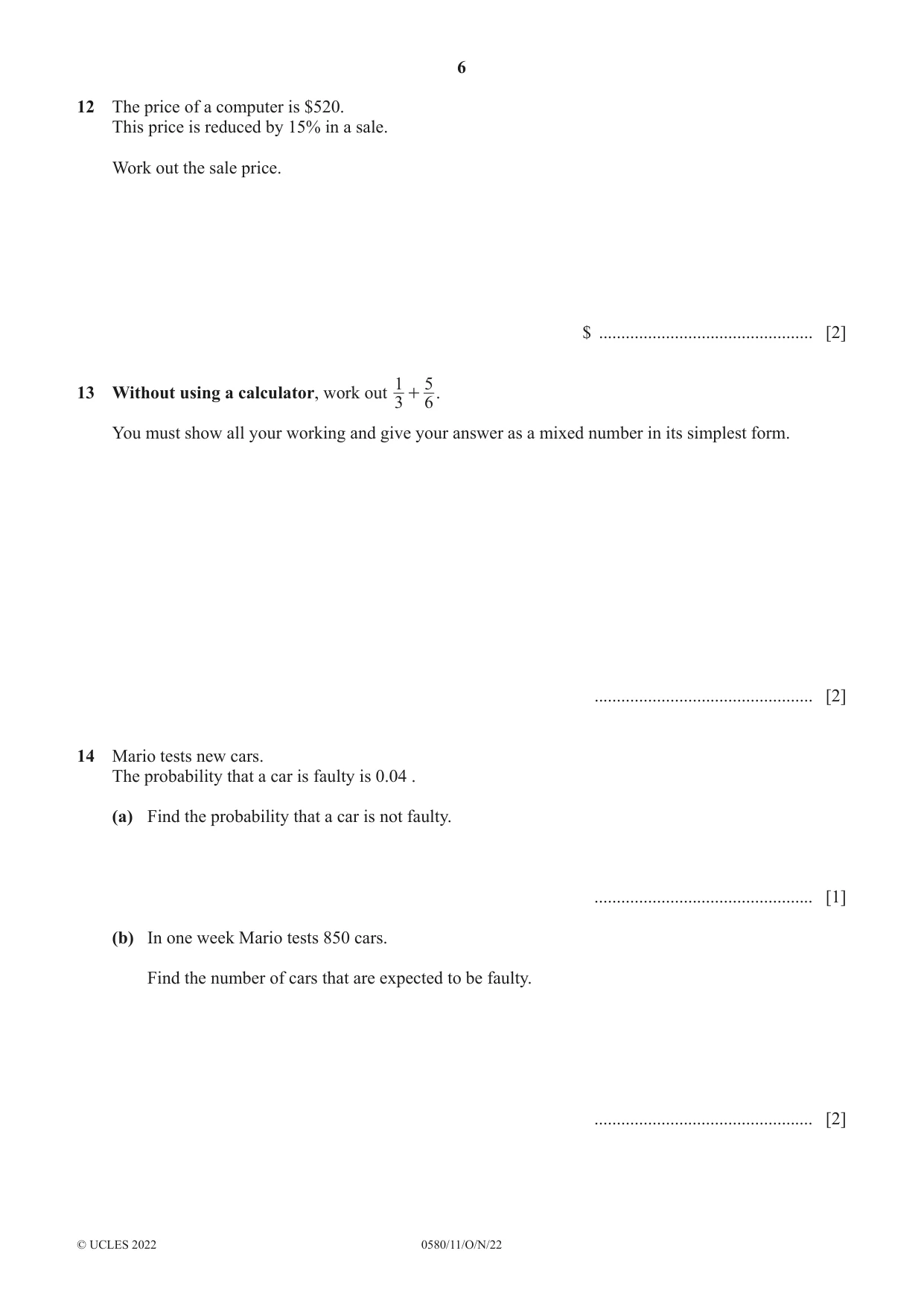 Cambridge IGCSE Mathematics 0580 2022 Oct/Nov Paper 1 · Variant 1 question paper, page 6 of 12