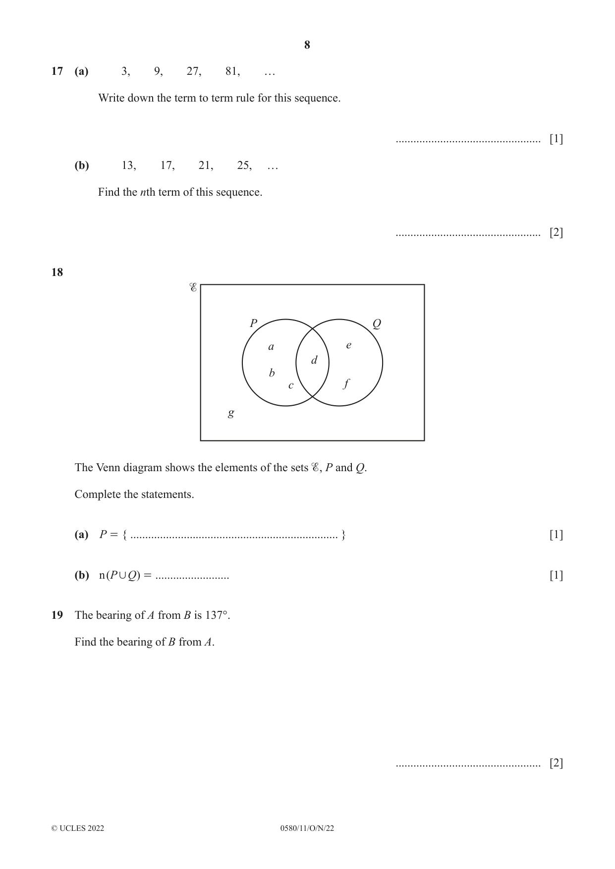 Cambridge IGCSE Mathematics 0580 2022 Oct/Nov Paper 1 · Variant 1 question paper, page 8 of 12