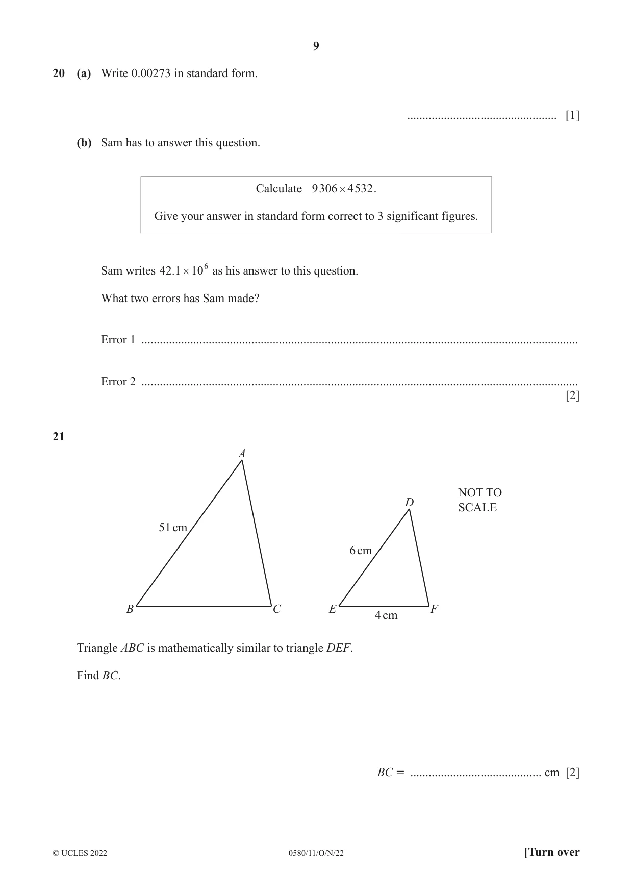 Cambridge IGCSE Mathematics 0580 2022 Oct/Nov Paper 1 · Variant 1 question paper, page 9 of 12