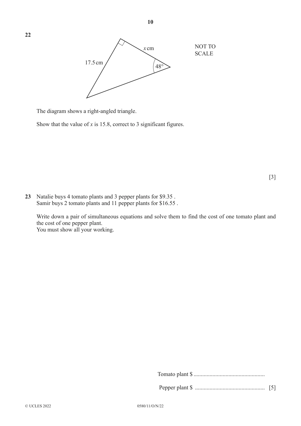 Cambridge IGCSE Mathematics 0580 2022 Oct/Nov Paper 1 · Variant 1 question paper, page 10 of 12