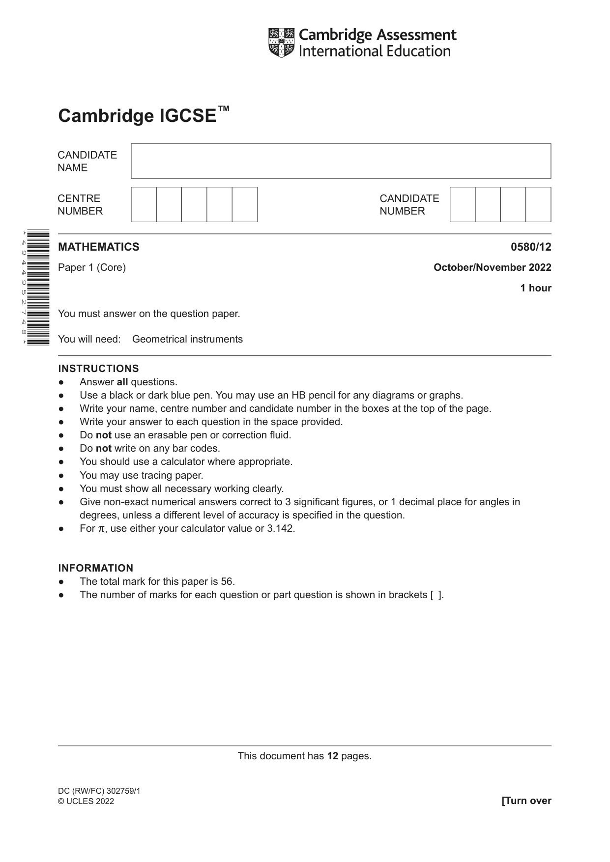 Cambridge IGCSE Mathematics 0580 2022 Oct/Nov Paper 1 · Variant 2 question paper, page 1 of 12