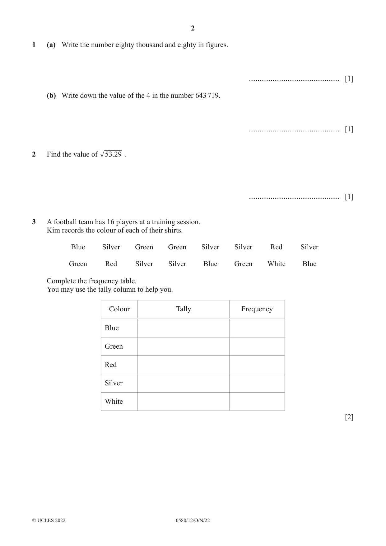 Cambridge IGCSE Mathematics 0580 2022 Oct/Nov Paper 1 · Variant 2 question paper, page 2 of 12