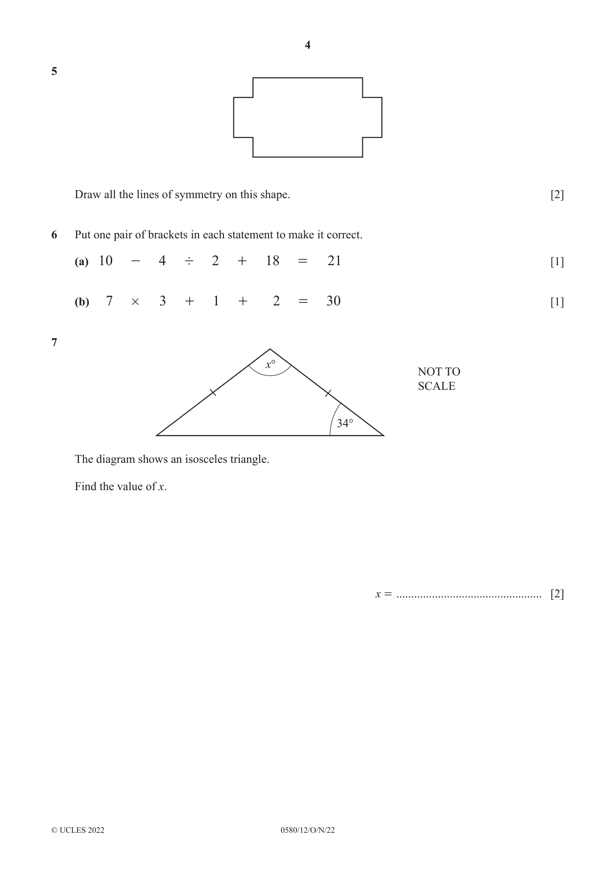 Cambridge IGCSE Mathematics 0580 2022 Oct/Nov Paper 1 · Variant 2 question paper, page 4 of 12