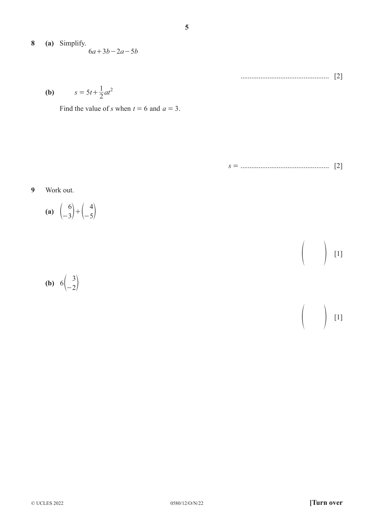 Cambridge IGCSE Mathematics 0580 2022 Oct/Nov Paper 1 · Variant 2 question paper, page 5 of 12