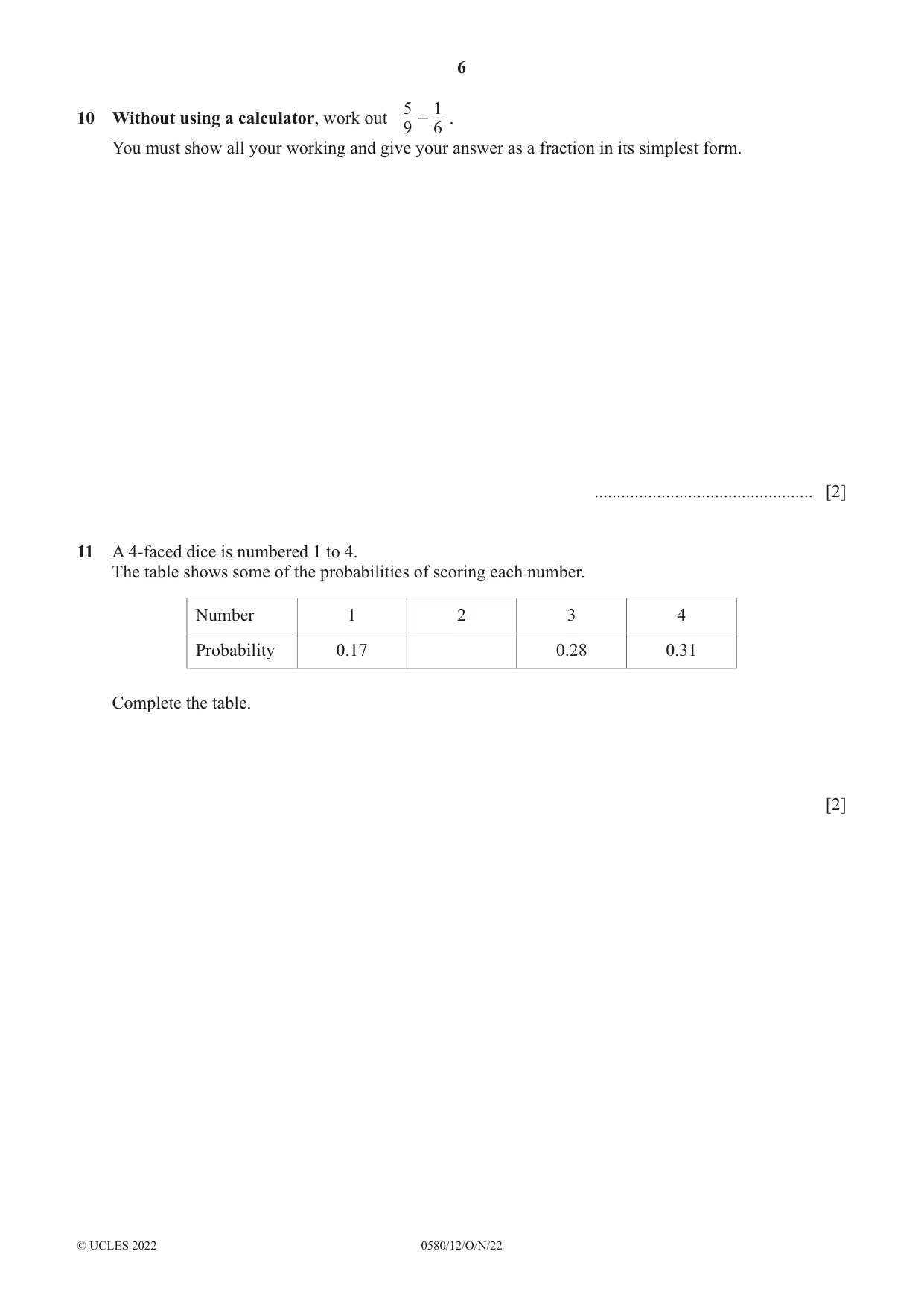 Cambridge IGCSE Mathematics 0580 2022 Oct/Nov Paper 1 · Variant 2 question paper, page 6 of 12