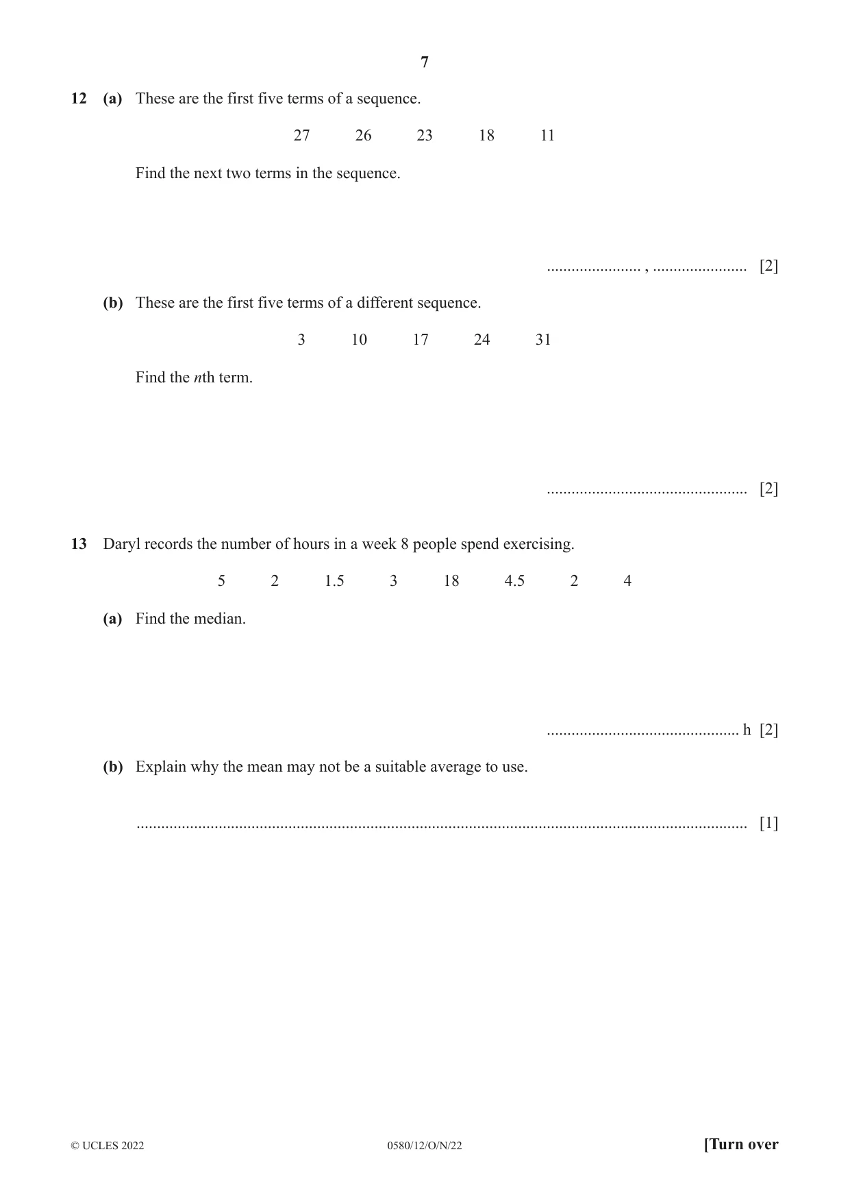 Cambridge IGCSE Mathematics 0580 2022 Oct/Nov Paper 1 · Variant 2 question paper, page 7 of 12