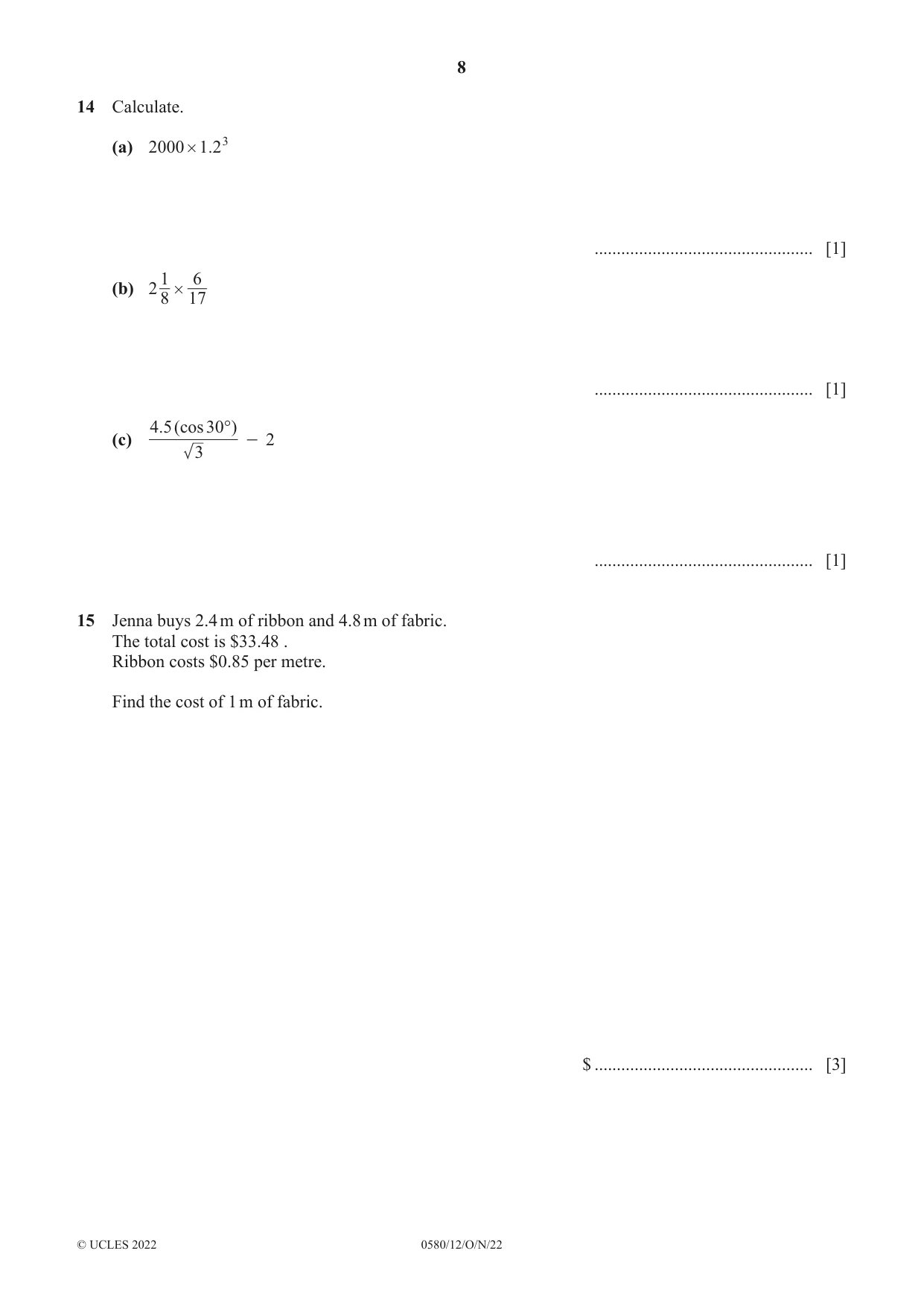 Cambridge IGCSE Mathematics 0580 2022 Oct/Nov Paper 1 · Variant 2 question paper, page 8 of 12