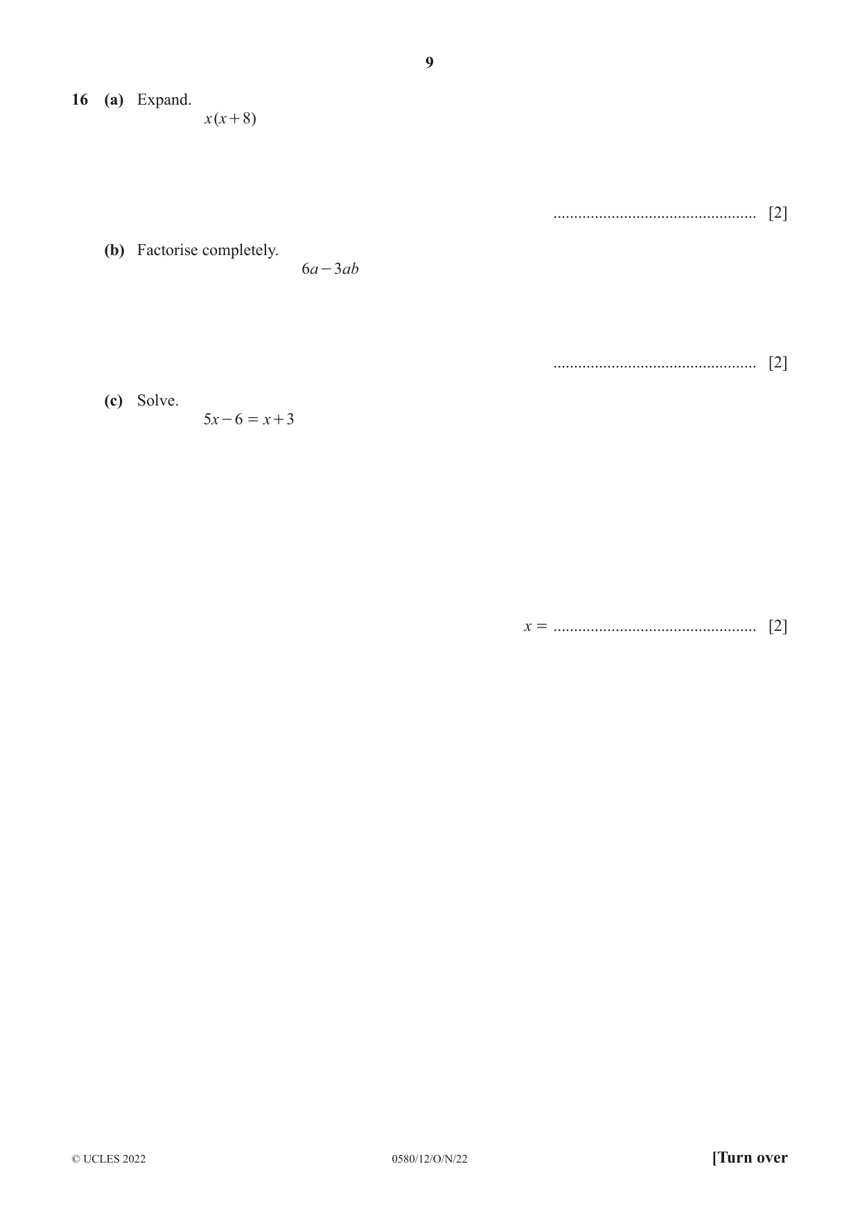 Cambridge IGCSE Mathematics 0580 2022 Oct/Nov Paper 1 · Variant 2 question paper, page 9 of 12
