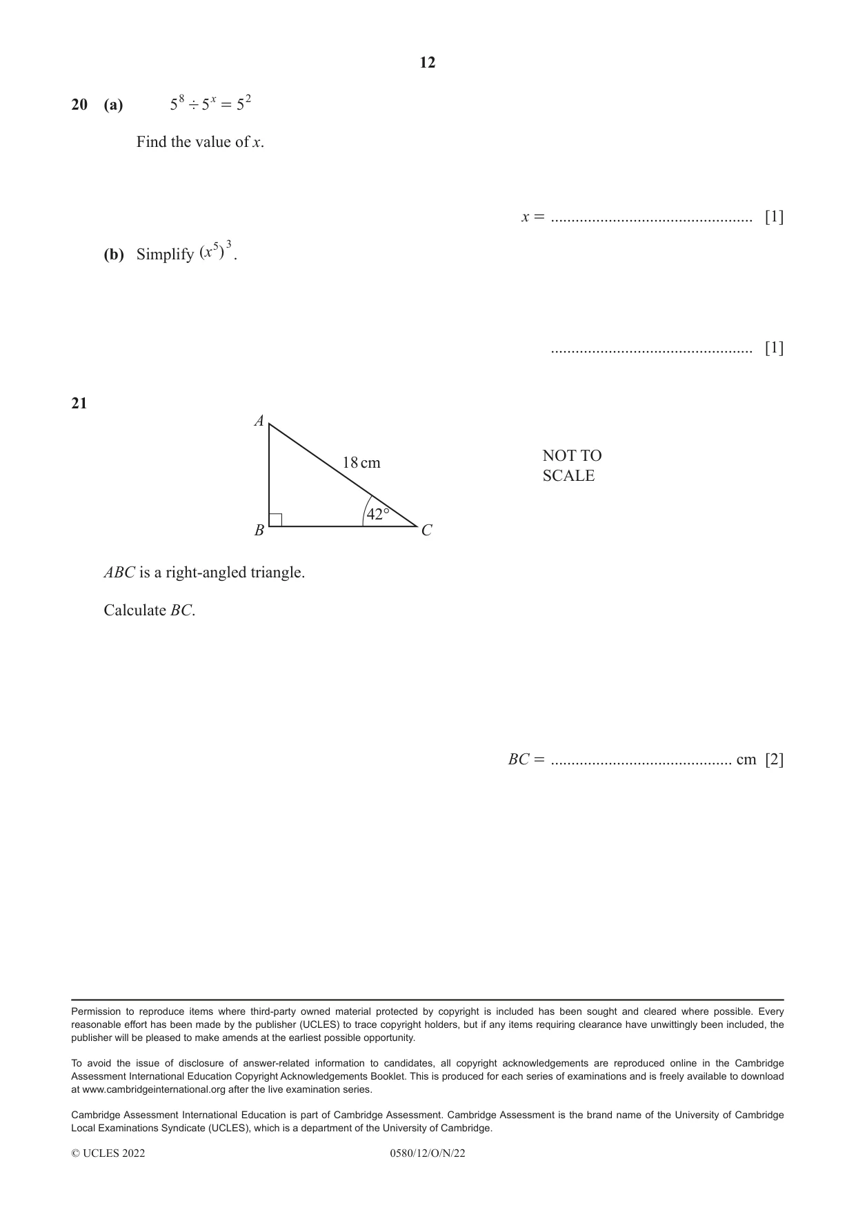 Cambridge IGCSE Mathematics 0580 2022 Oct/Nov Paper 1 · Variant 2 question paper, page 12 of 12